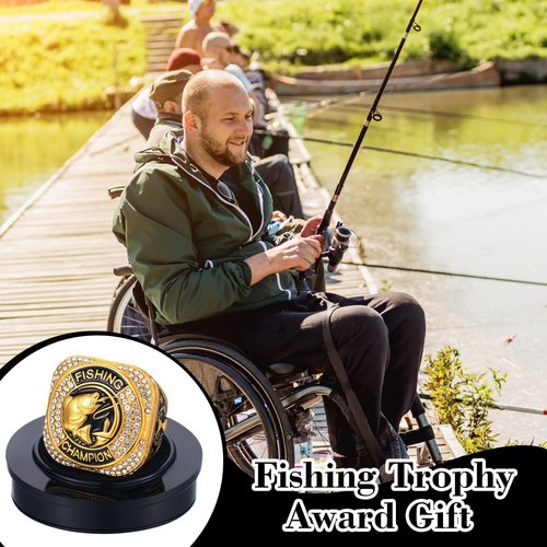 Liliaafar 6 Sets Fishing Championship Trophy Ring Gold Ring Awards Prize with Display Neck Chain and Stand Large Mouth Bass Trophies Gift for Fishing Tournaments Competitions Ceremonies, Size 11