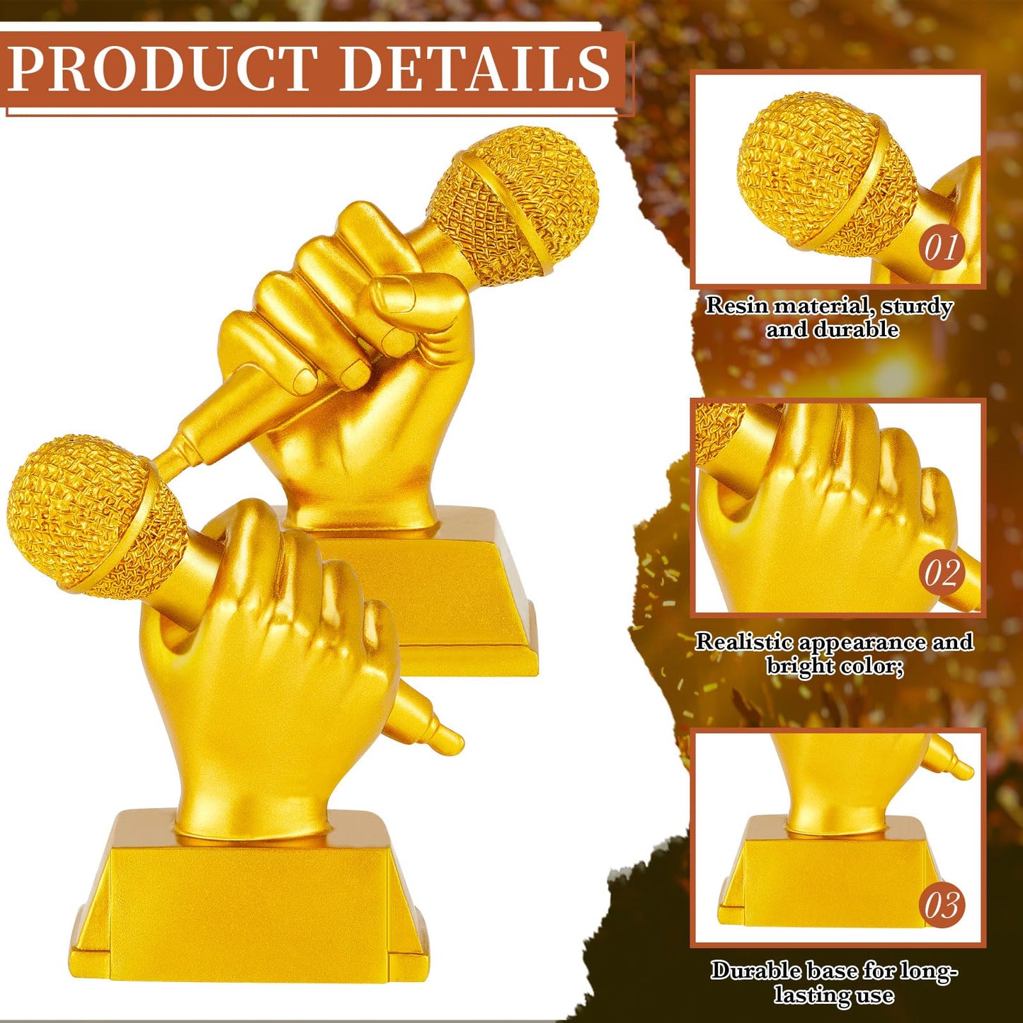 Hicarer 2 Pcs Golden Awards Microphone Trophy 6 Inch Resin Microphone Music Trophies Funny Trophy for Adult Singing Awards for Karaoke Competition Party Dance Appreciation Decoration