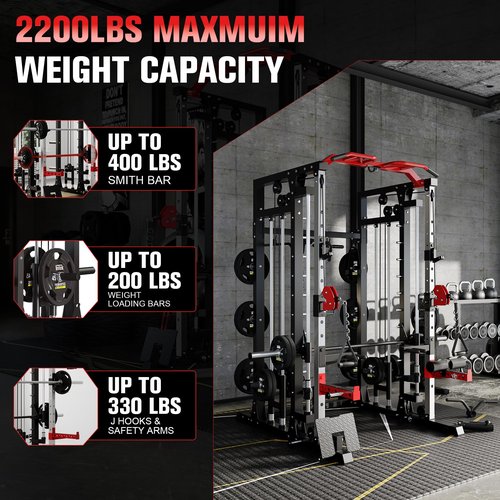Smith Machine - 2200lbs Squat Rack Home Gym with LAT-Pull Down System & Cable Crossover Machine - Training Equipment with Leg Hold-Down Attachment