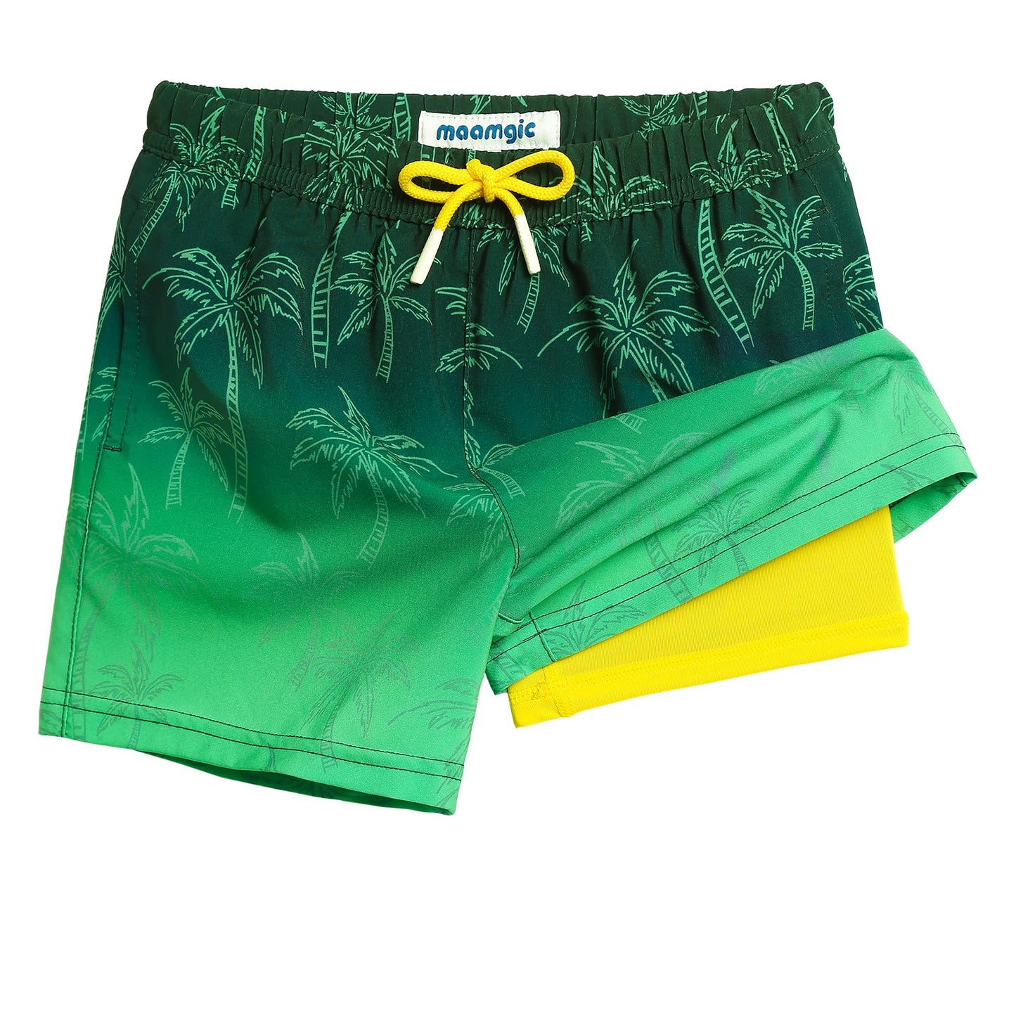 maamgic Boys Swim Trunks with Compression Liner 4-Way Stretch Quick Dry Bathing Suit Toddler Beach Shorts Green Coconut 4T