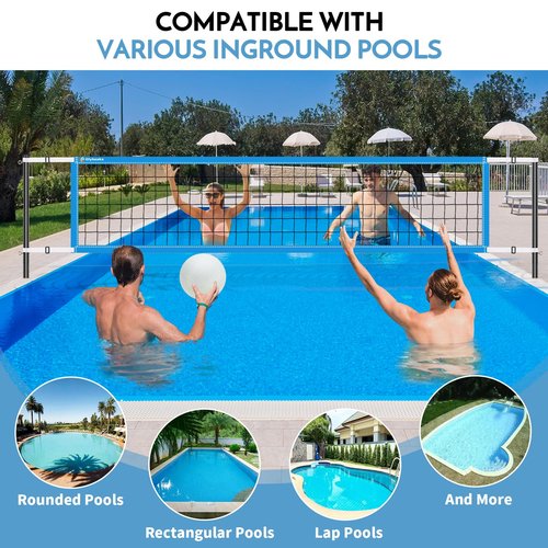 Base Free Swimming Pool Volleyball Net Set for Above Ground/Inground Pools with 3-Height Adjustable Aluminium Poles, Durable Anti-Sagging Net, 2 Water Volleyballs and Carry Bag (Blue)
