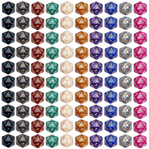 CiaraQ DND Polyhedral Dice (100pcs) with A Dice Bag Compatible with Dungeons and Dragons DND RPG MTG Role Playing Table Games (D20 dice, 10 colors-100 pcs)