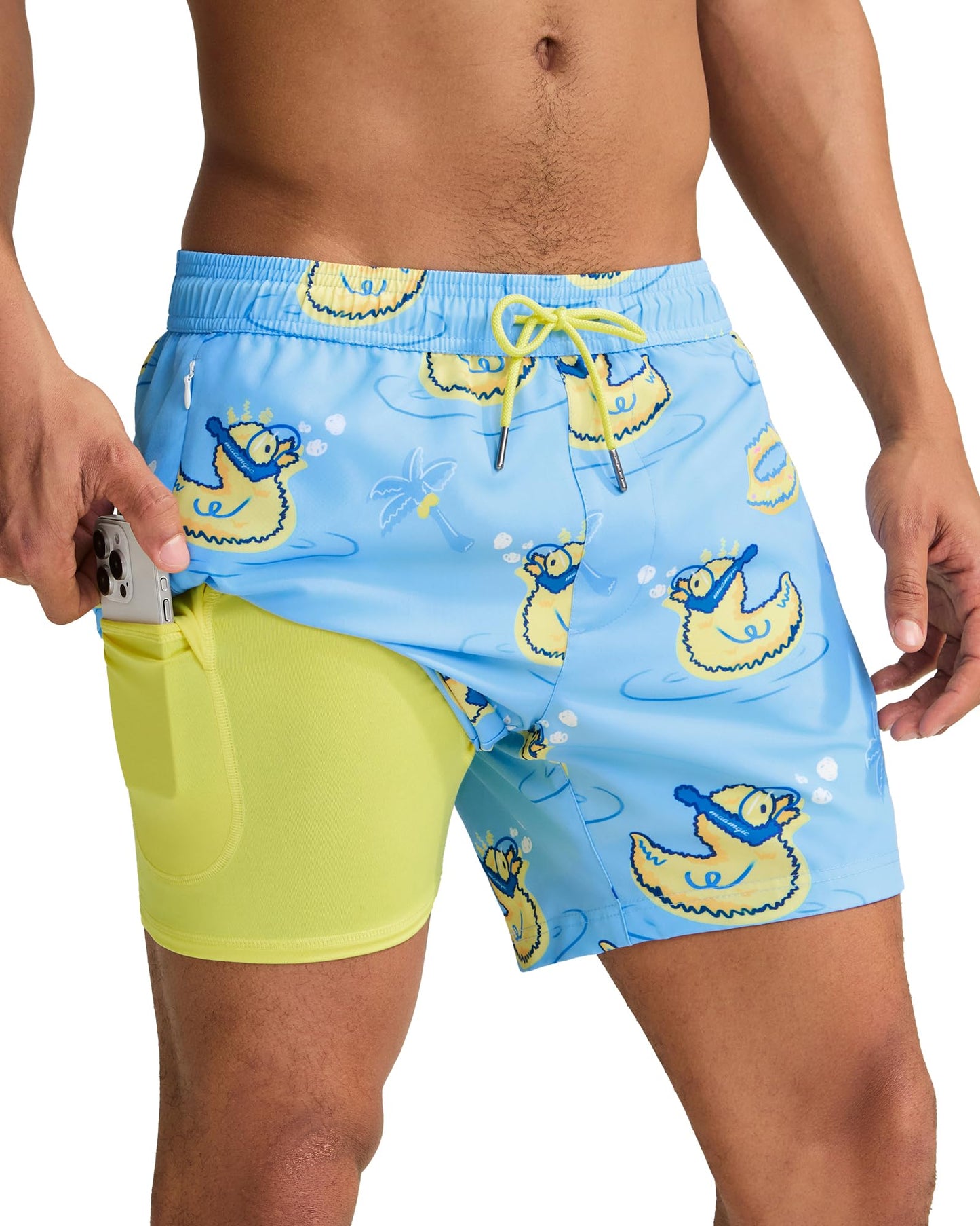 maamgic Mens Swim Trunks with Compression Liner 5 Inch, Quick Dry Bathing Suit with Zipper Pockets, Stretch No-Chafing Swim Shorts, Blue-Swimming Duck X-Large