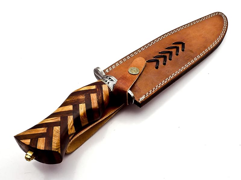 Damascus Fixed Blade Hunting Knife with Rosewood Handle & Leather Sheath – 15in Overall