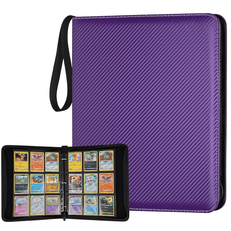 9-Pocket 3-Ring Card Binder 720 Capacity Purple – Zippered PU Album for TCG & Sports Cards (Variation: Carbon Purple+9 Pocket 720)