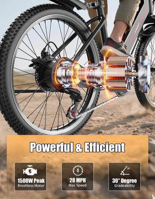 PIKABIKE F26 Electric Bike for Adults, 1500W Motor Peak Ebike, Max 65Miles 28MPH, 26" Electric Mountain Bike, 480Wh Removable Battery E Bike, 7-Speed & Front Suspension, Electric Bicycle for Commute