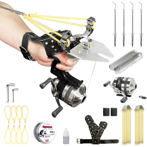 Fishing Slingshot Set for Outdoor Hunting - Versatile Slingshot with Stainless Steel Reel, Fish Darts, and Line Slot Plate, Switchable Between Fishing and Regular Modes