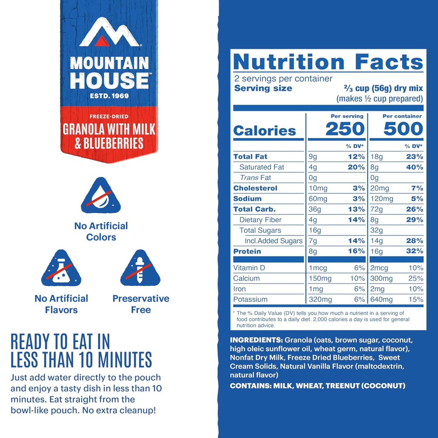 Mountain House Granola with Milk & Blueberries | Freeze-Dried Food for Camping, 4 Servings, 30-Year Shelf-Life, 2-Pack