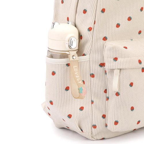 Tanweibago Backpack for Girls Boy Teen Corduroy Bookbags Elementary Middle High School Women Laptop Bag with Lunch Box Pencil Bag (Strawberry Beige)