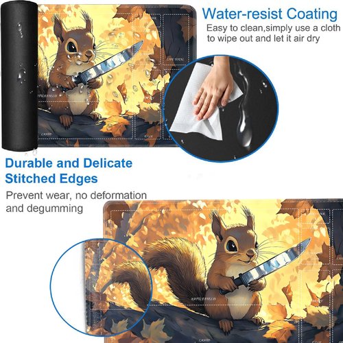 Yuxcfhjfe for TCG Playmat with Zones, 24 x 14 inches Card Playmat with A Storage Bag and 6 Dice,Trading Card Game Mat, Non-Lip Rubber Bottom for MTG Playmat, Squirrel with Knife