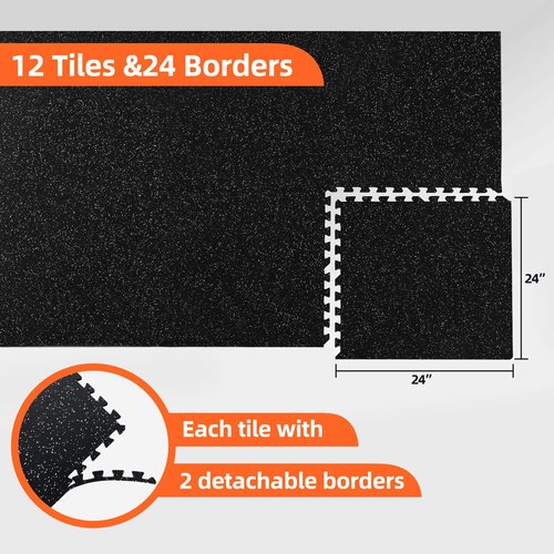 Bebikim 12 PCS 24x24in 0.56" Interlocking Gym Exercise Mat Thick - 48 Sq Ft High-Density EVA Foam with Rubber Surface, Non-Slip Workout Mat for Home Gym Equipment (Black, 12 PCS)