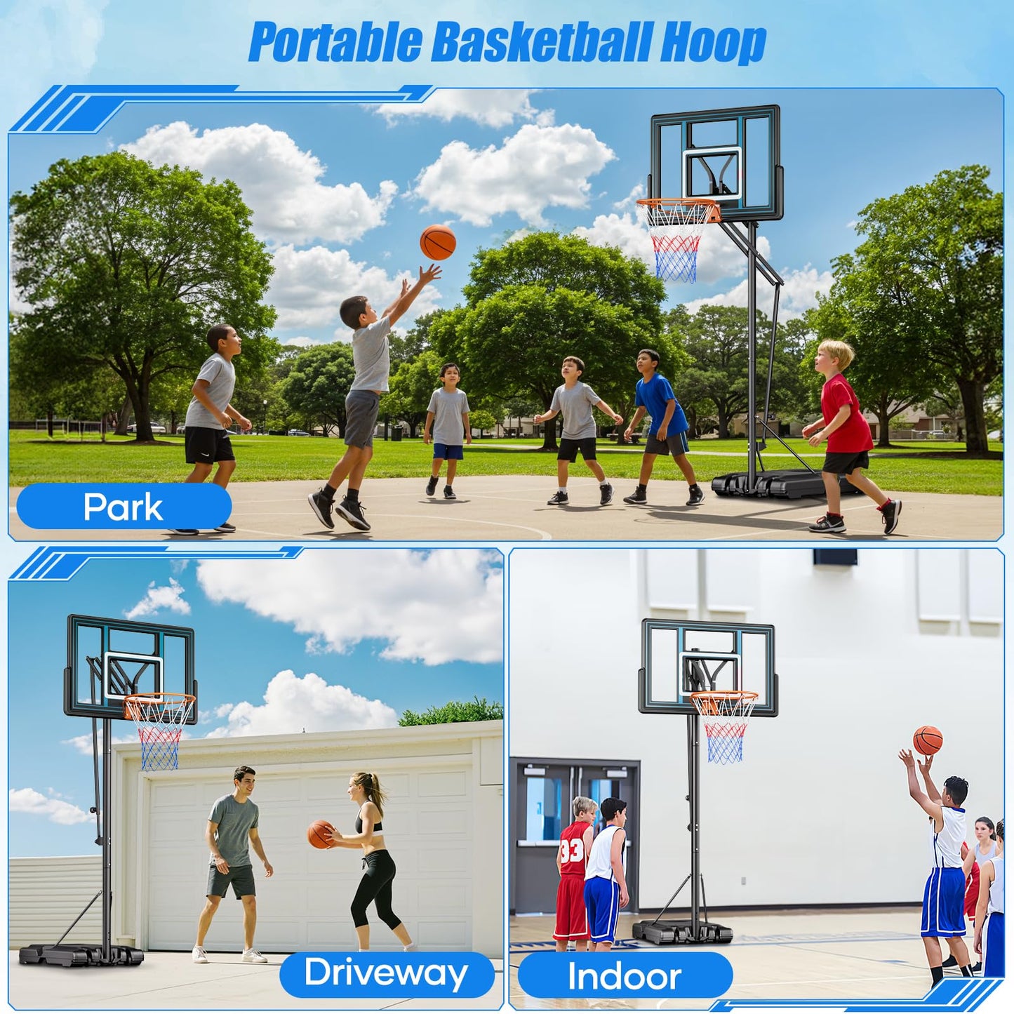 Asbest 44" Portable Basketball Hoop Outdoor | 5.5-10ft Stepless Adjustable Height Basketball Goal System for Driveway, Backyard, for All Ages (Blue, 10FT)