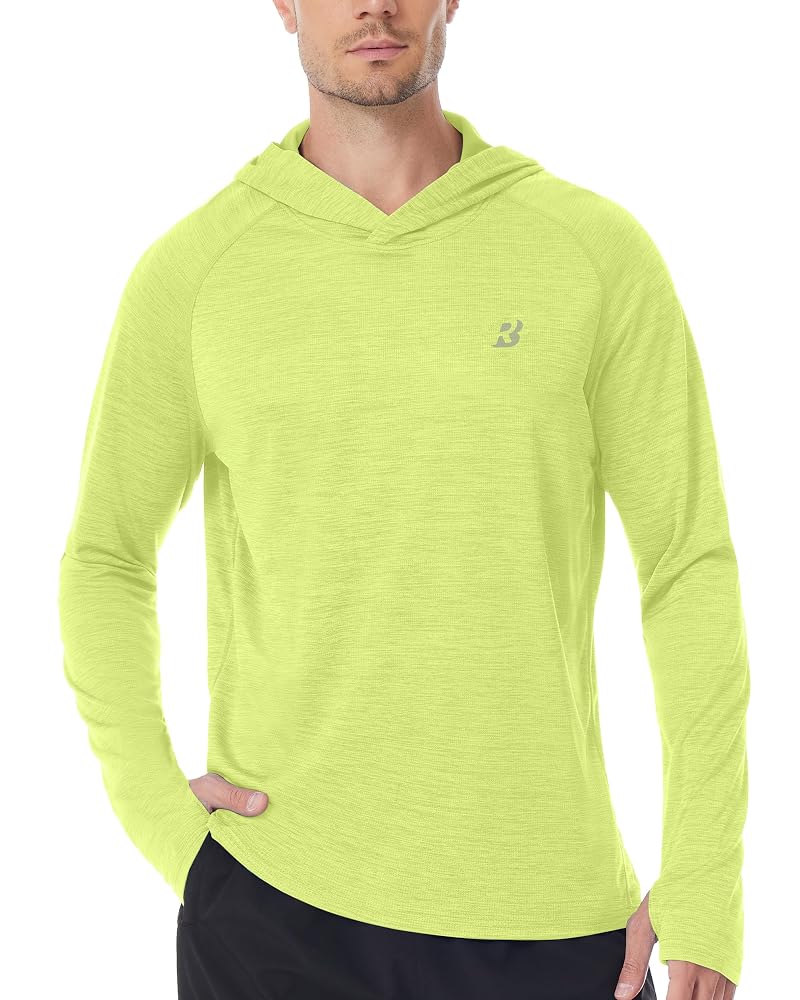 Men's UPF 50+ Sun Hoodie Long Sleeve Fishing Shirt with Thumb Holes - Lemon Yellow, Large