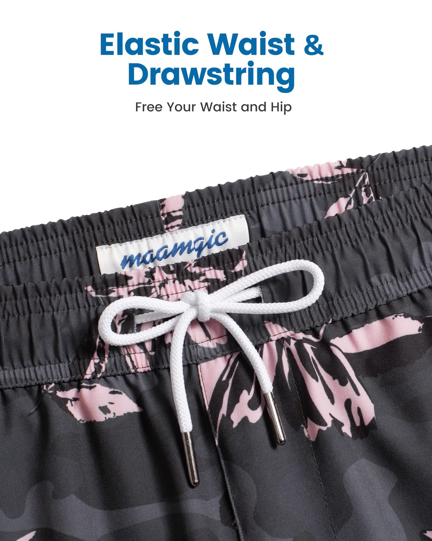 maamgic Mens Swim Trunks with Compression Liner 5 Inch, Quick Dry Bathing Suit with Zipper Pockets, Stretch No-Chafing Swim Shorts, Dark Grey- Pink Poppy Flowers X-Large