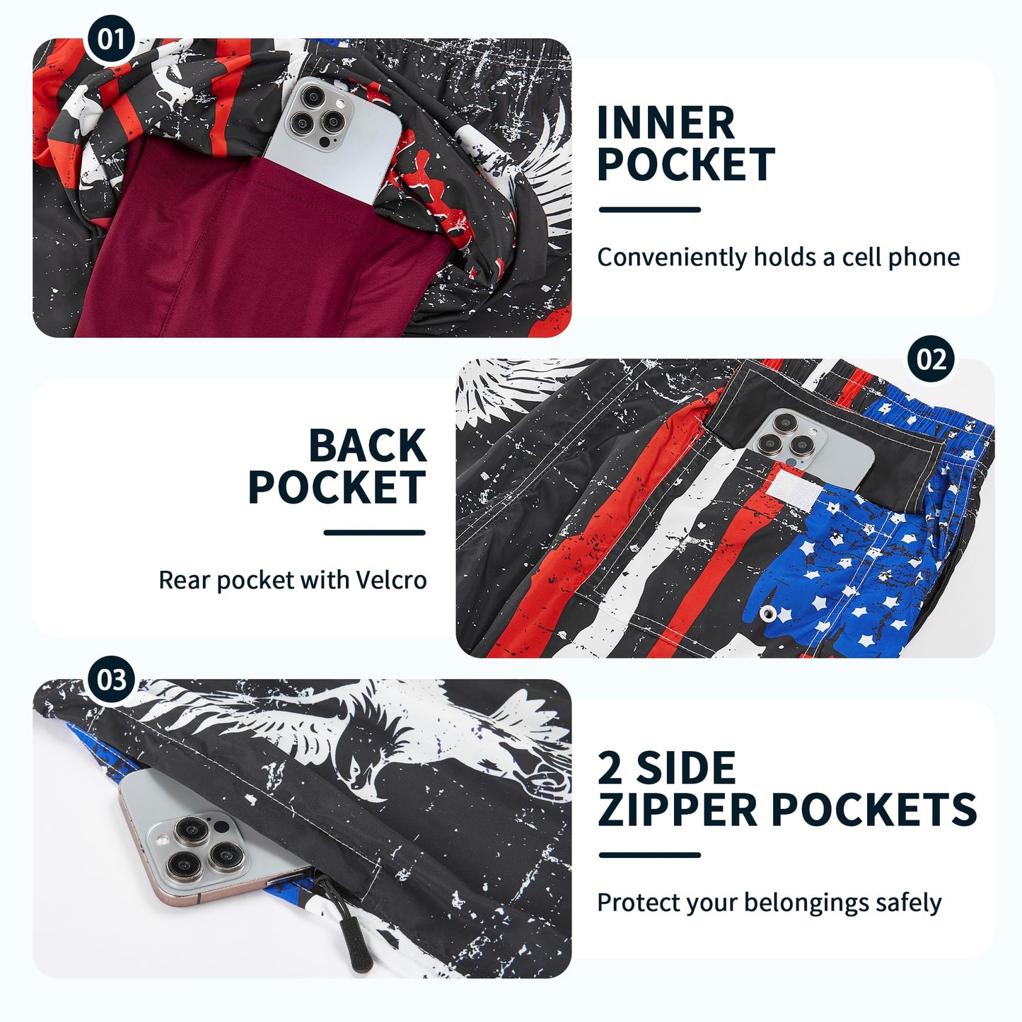 Mens Swim Trunks with Compression Liner, 1776 Patriotic American Flag Men Bathing Suit Mens Swimming Trunks with Zipper Pockets 9 inch inseam Men's Board Shorts Swimwear Quick Dry Swimsuits, L