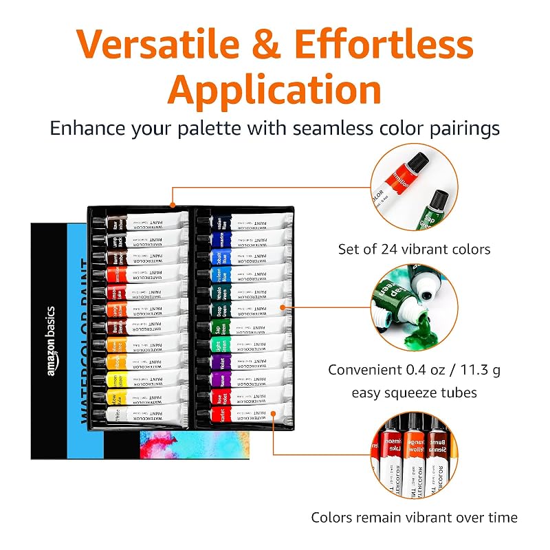 Amazon Basics Vibrant Watercolor Paint Set Tubes - 24 Colors, 0.4oz Each, Easy to Mix