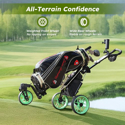Tedycatt Swivel 3 Wheel Golf Trolley: Quick Fold 360 Push Golf Cart with Cooler Bag, Foot Brake, Drink& Umbrella Holder,Green