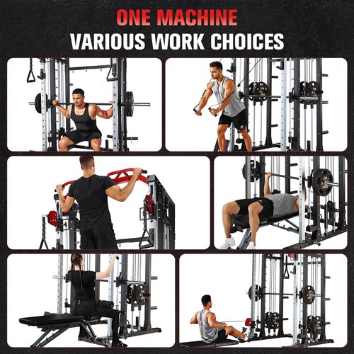 Smith Machine - 2200lbs Squat Rack Home Gym with LAT-Pull Down System & Cable Crossover Machine - Training Equipment with Leg Hold-Down Attachment