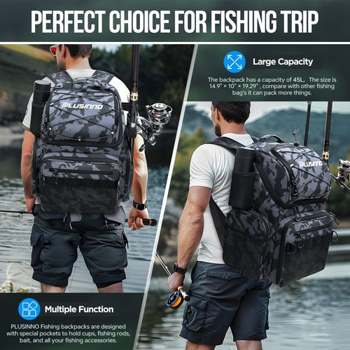 PLUSINNO Fishing Backpack with Rod Holders & Cooler, 45L Large Water-resistant Tackle Bag, Black Camo