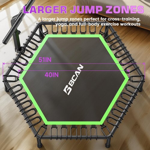 BCAN 51" Mini Hexagon Trampoline, Adult Fitness Trampoline with T-Adjustable Handle Bar, Silent Bungees, Larger, More Stable, Quiet Indoor/Garden Workout - Green