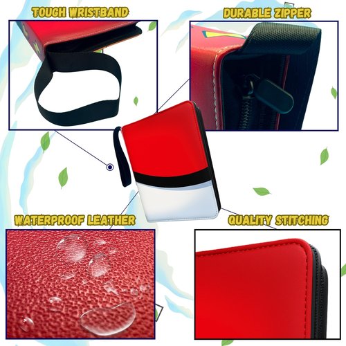 Trading Card Binder 4 Pocket 400 Card Holder With Card Storage Box Has Removable Sleeves Made With Leather, Zipper and Wrist Band Great Gift For Kids As Card Storage