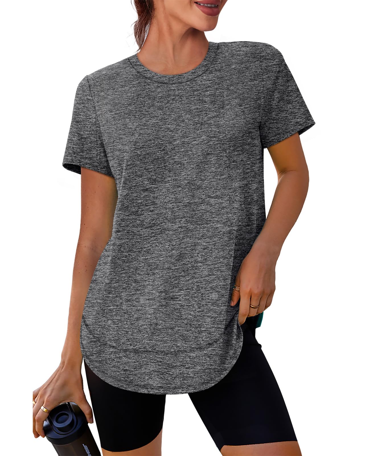 Spring Summer Tops for Women Short Sleeve Hiking Shirts Athleisure Golf Shirt Beach Fashion Curved Hem Loose Fit Grey XXL