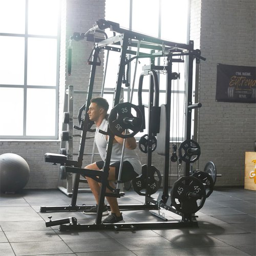 Smith Machine Home Gym, 2000 Lbs Multi-Function Power Cage Squat Rack with Smith Bar, Cable Machine, 2 LAT Pull-Down Systems, All in One Home Gym System with 8 Weight Storage Pins and More