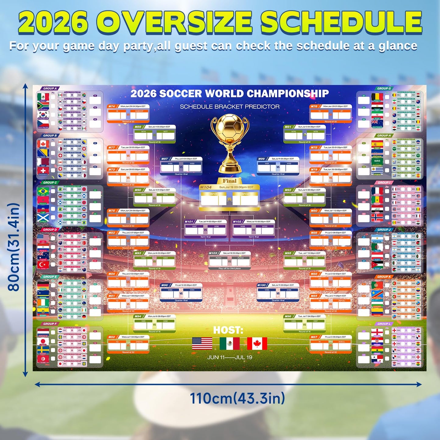 2026 World Soccer Tournament Extra Large Schedule Poster 43"x32", 2Pcs Gifts Set with 384 Stickers and Predict Champion Cup Winner, Tracker Bracket Wall Chart for Sports Fans Party Decorations