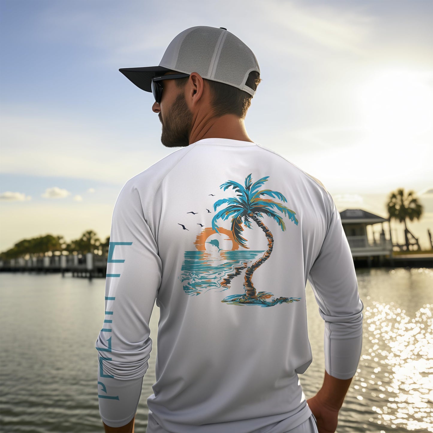 Palmyth Fishing Shirts for Men Long Sleeve UPF 50+ T Shirt Sun Protection Tee (White/Palm Eden, L)
