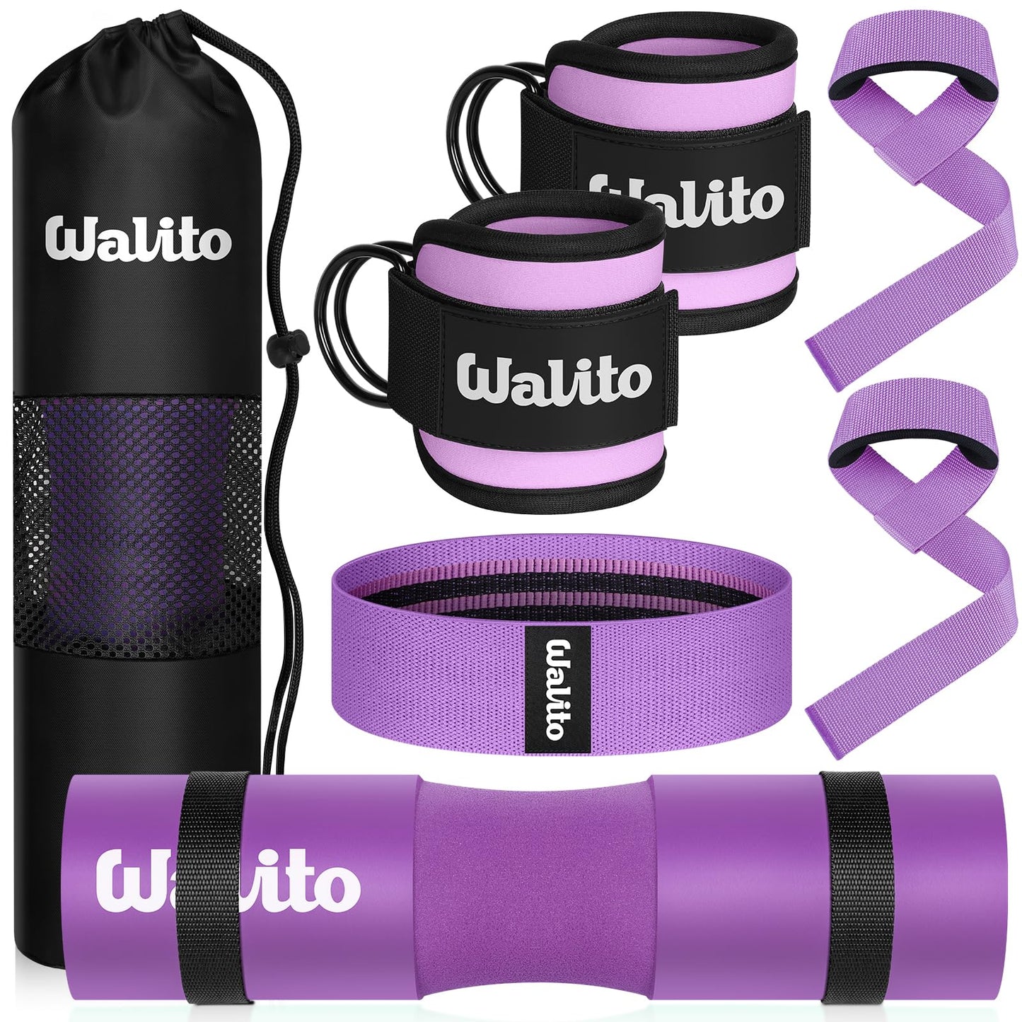 WALITO 8Pcs Barbell Pad Set for Hip Thrust - Squat Pad,Gym Accessories for Women with Bar Bad,Bench Press, with Gym Ankle Straps,Resistance Bands for Working Out,Lifting Strap,Carry Bag (Purple)