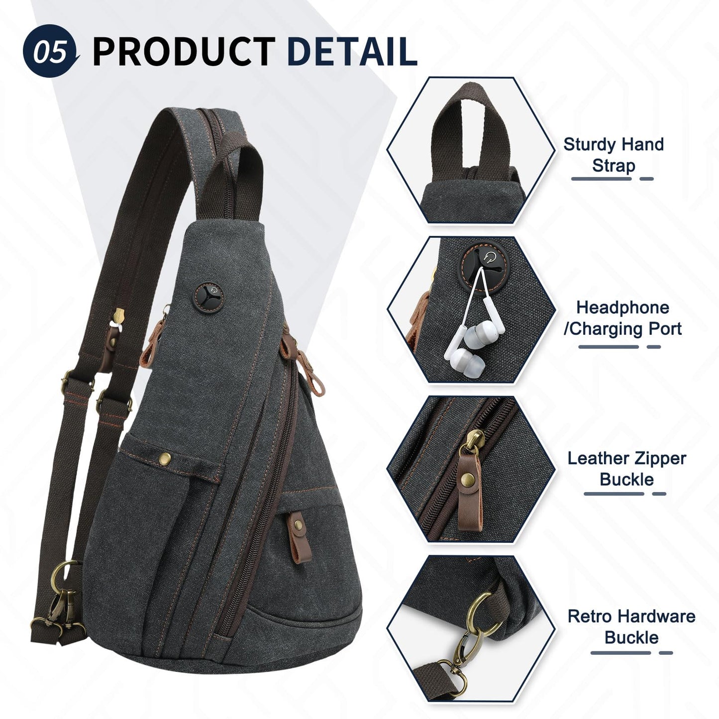 SUIKIHUM Vintage Canvas Sling Bag with Genuine Leather Zipper, 3 in 1 Crossbody, Backpack, and Chest Bag, for Travel, Hiking, 16x10x6 Inches, Black