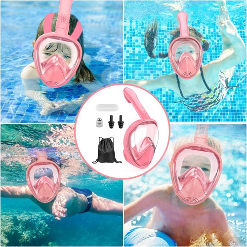 Kids Snorkel Mask Full Face, Snorkeling Gear for Kids 2-14 with Camera Mount, 180 Degree Panoramic View Snorkeling Set Anti-Fog Anti-Leak (Blue+Pink)