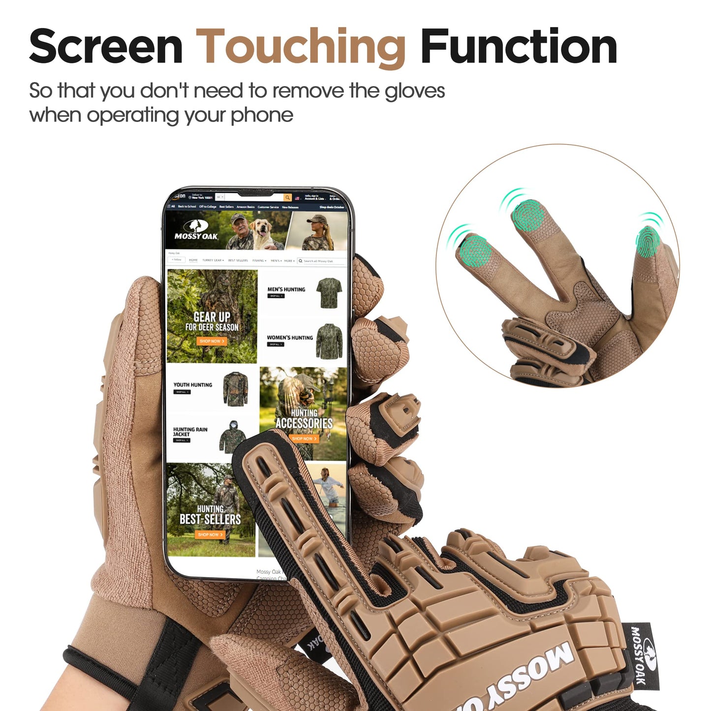 Mossy Oak Men's Touchscreen Motorcycle Gloves - Tactical, Airsoft, Cycling, Hiking, Hunting Gloves with Rubber Guard