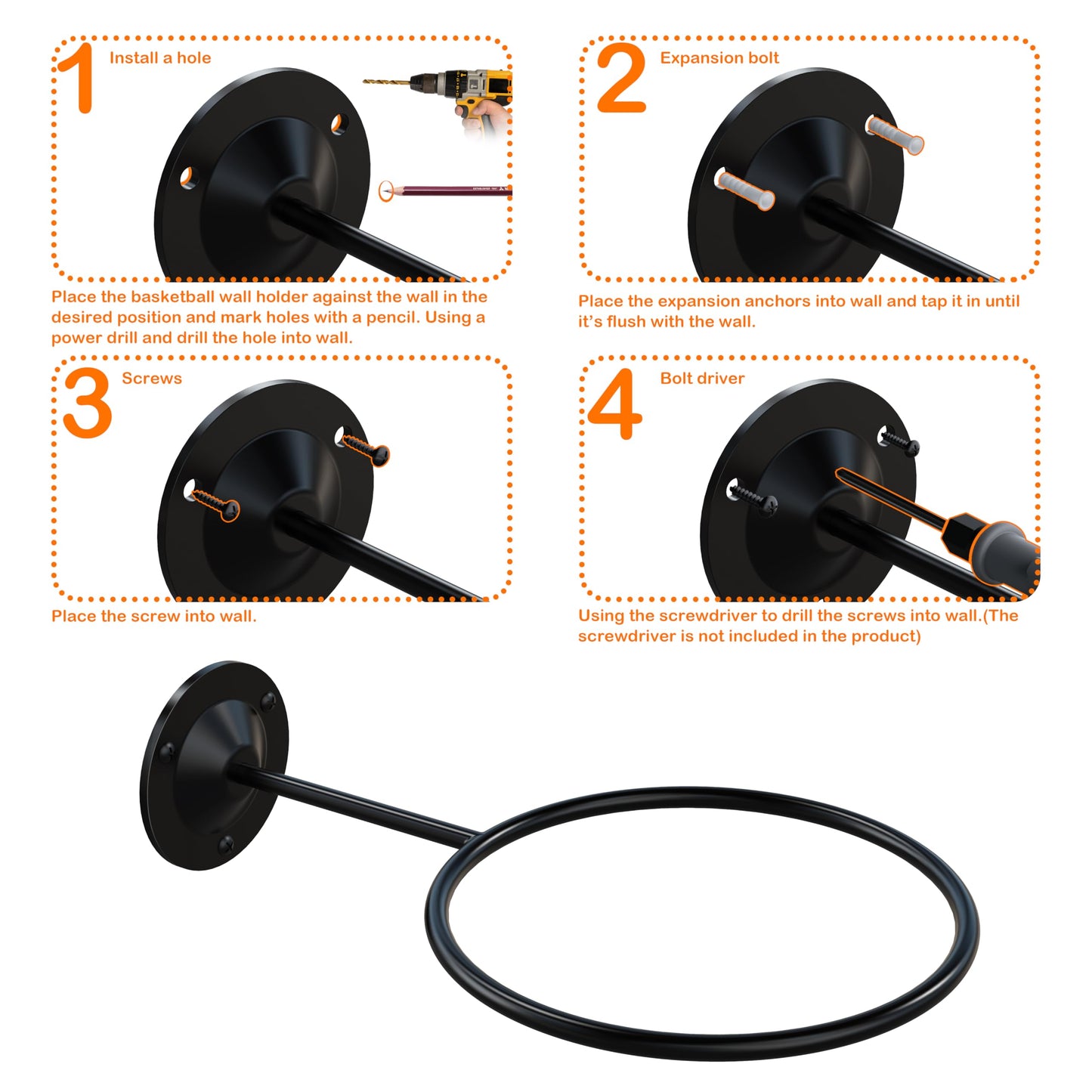S SUCHEK Basketball Holder Wall Mount, Ball Holder Wall Mount, Ball Display Wall Storage for Basketball, Soccer Ball, Volleyball, Football, Rugby(4 Pieces, Black)
