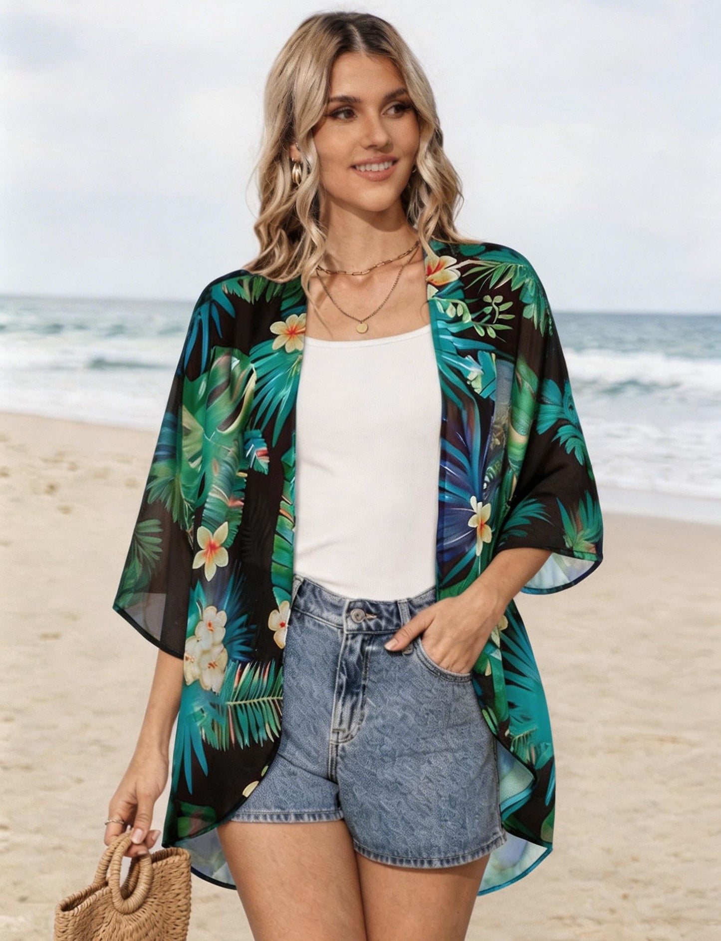 Summer Kimono Cardigan for Women Sheer Light Tops Casual Open Front Swimwear Shirts Beach Cover ups (Blackgreen,4XL)