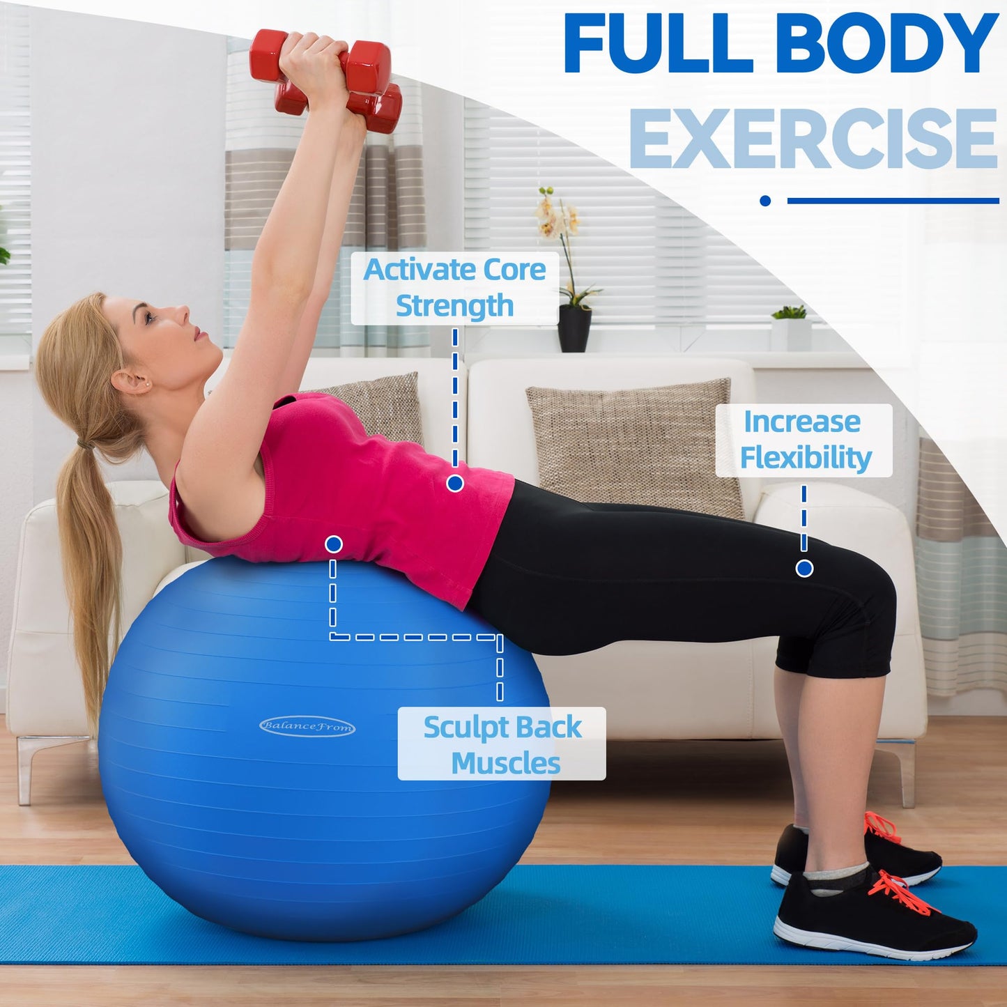 Fitvids Anti-Burst and Slip Resistant Exercise Ball Yoga Ball Fitness Ball Birthing Ball with Quick Pump, 2,000-Pound Capacity, Blue, 26-inch, L