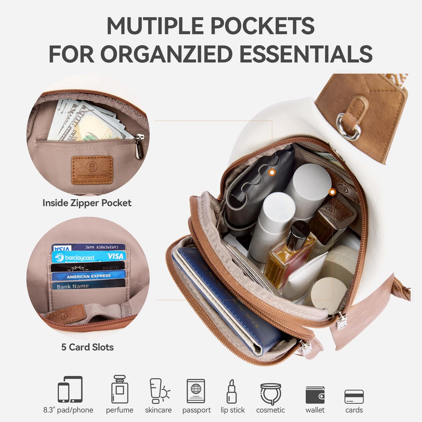 BOSTANTEN 7L Sling Bag For Women CrossBody Bags Large Cross Body Purse Vegan Leather Sling Backpack for Travel Essentials