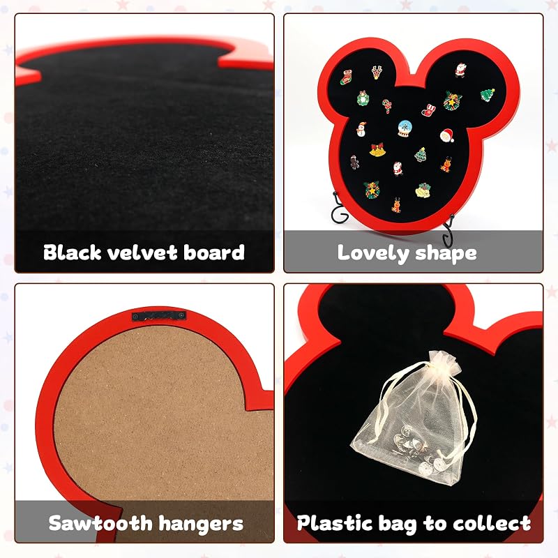 Pin Board Display Case Frame with Stand Easel - Velvet Mouse Design, Red+Mouse
