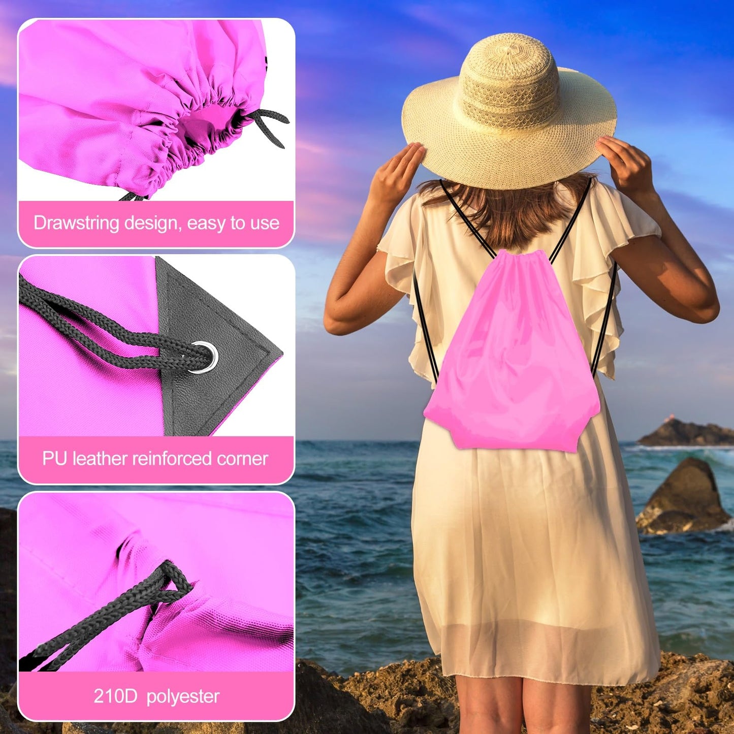 KUUQA 2 Pcs Drawstring Backpack Bags Bulk Pink Drawstring Bag Foldable Gym Bag Sports Cinch Sack String Backpack Storage Bags for Women Men Shopping Gym Travel Sports