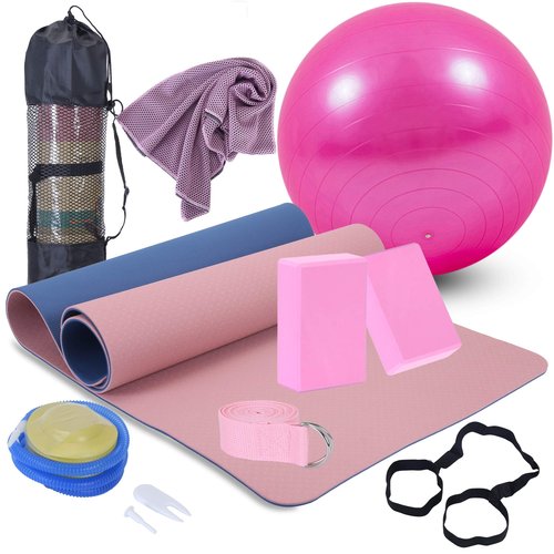 Yoga Beginners Kit Yoga Blocks 2 Pack Yoga Strap Yoga Ball Yoga Mat with Carrying Strap Net Bag Sports Cooling Towel,Yoga Mat Kits and Sets for Beginners 11-Piece Yoga Starter Kit for Women(Pink)
