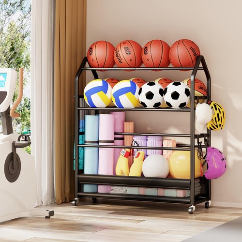 Homeiju Sports Equipment Organizer, Ball Storage Rack, Garage Sports Gear Rack with Wheels and Hooks, Indoor/Outdoor Shelf Rack for Sports Gear, Black