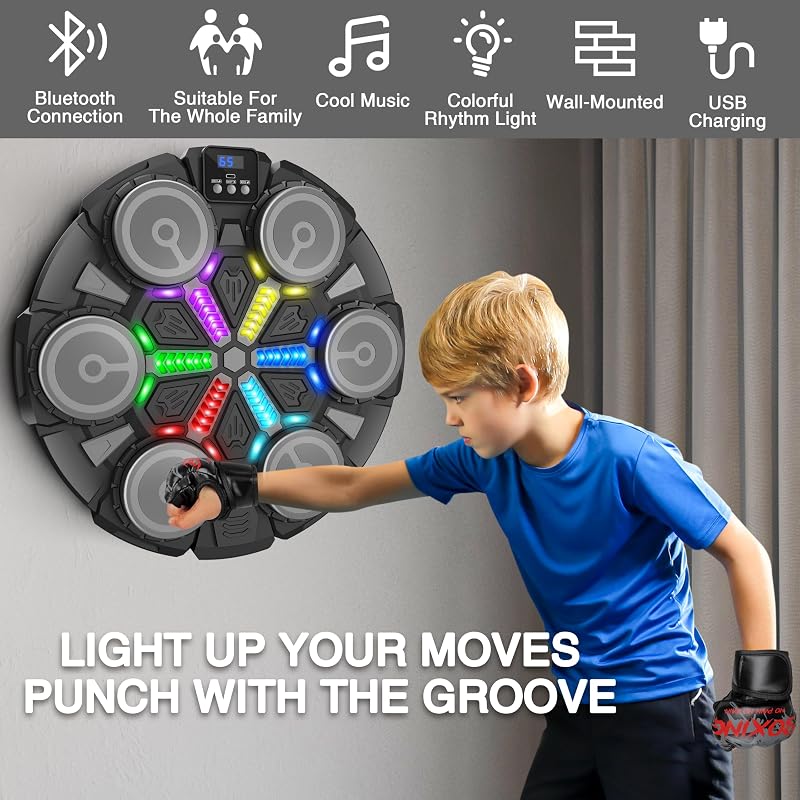 Music Boxing Machine with Gloves, Interactive Boxing Target for Active Kids - Black M