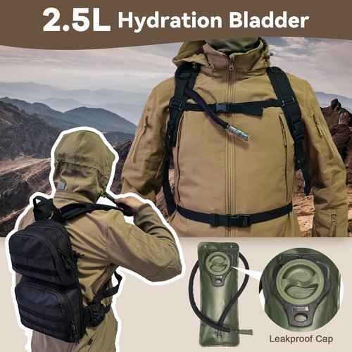Hannibal Tactical Hydration Pack, 10L Water Backpack with 2.5L Water Bladder, MOLLE System for Outdoor Hiking, Biking, Running, Black