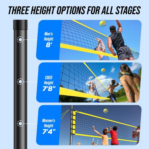 Patiassy Outdoor Portable Volleyball Net Set System - Quick & Easy Setup Adjustable Height Steel Poles, PU Volleyball with Pump and Carrying Bag for Beach Backyard (Yellow)