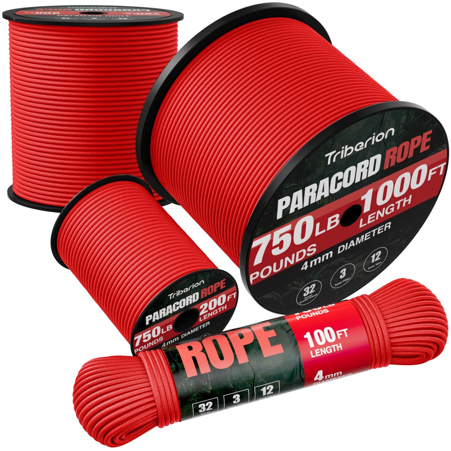 TRIBERION Paracord Rope 750 lb - 100ft 5/32" Parachute Cord 4MM 12-Strand para Cord - Heavy Duty Spool String for Survival,Camping Gear, Survival Bracelet, Clothesline - Red