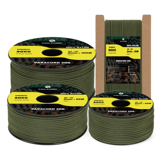 Kamu Synber Paracord 2mm 3 Strands 100ft 100% Nylon Rope Type I Parachute Cord for Craft, Outdoor, DIY, Camping | Support 200lbs | Army Green