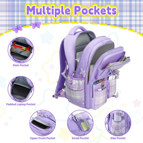 LEWKANA Girls Backpack with Lunch Box Set, 5pc Purple Cute Kawaii Bookbag for Teens, Aesthetic School Backpack for Elementary