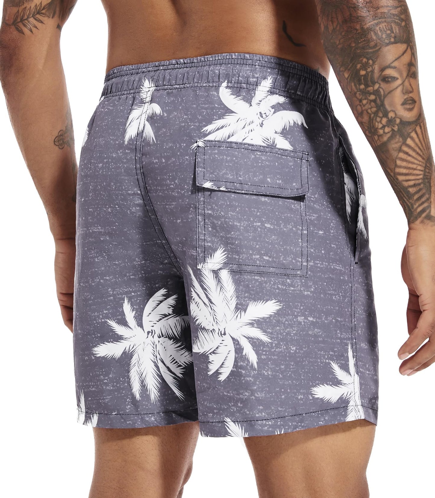 SILKWORLD Mens Swim Trunks Quick Dry Bathing Suit Shorts with Mesh Lining, Palm Leaf(Grey), Medium