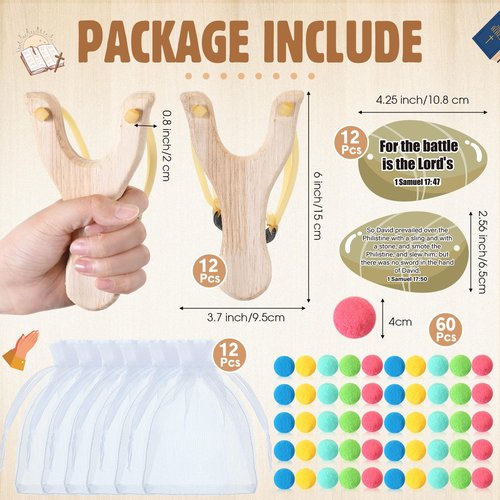Soulchen 12 Sets David and Goliath Wooden Slingshot Game Sunday School Slingshot with Card Bible Game for Bible Story Party Decorations Religious Education Gift Classroom Home Activities Family Fun