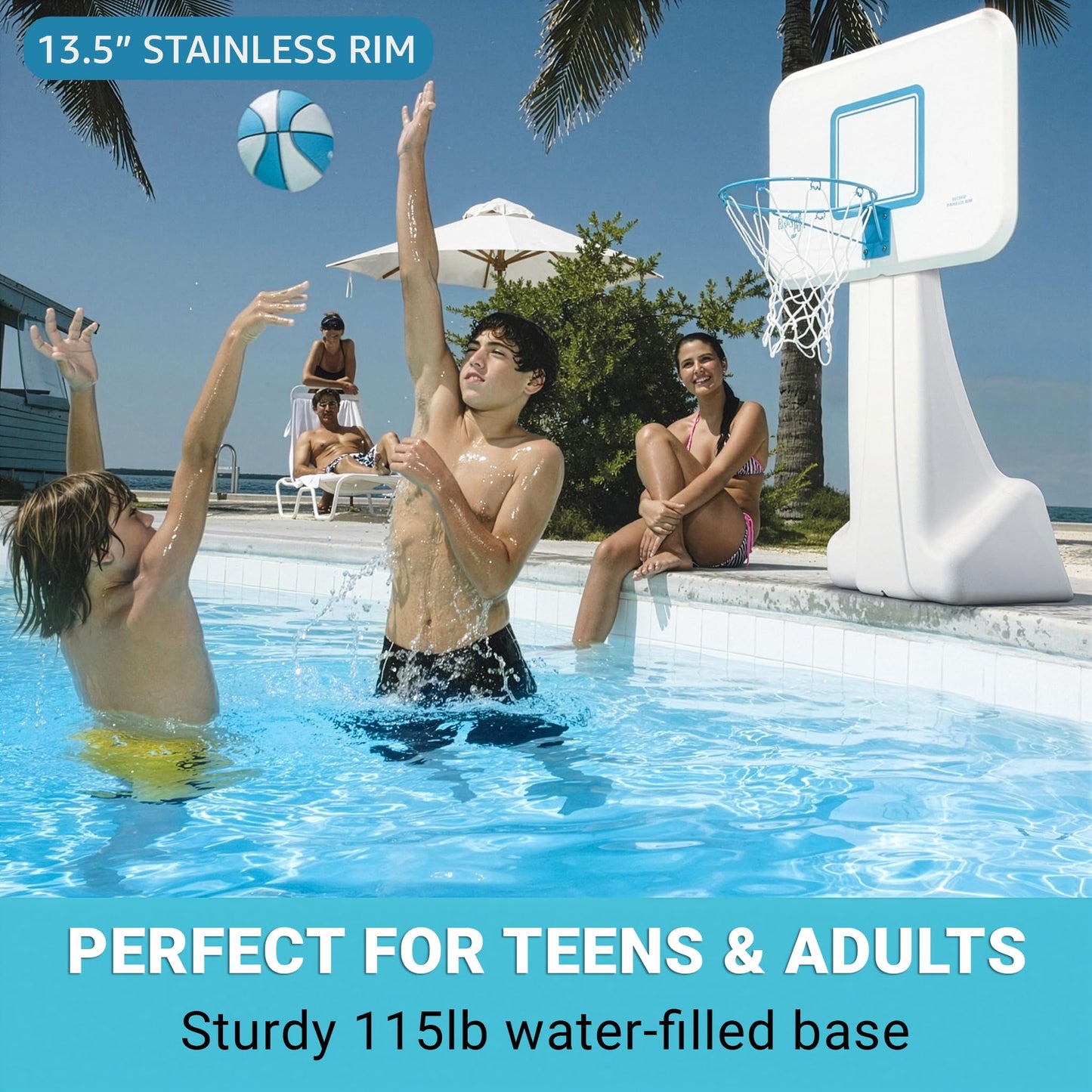 Dunn-Rite PoolSport Swimming Pool Basketball Hoop w/Ball, Base, & 13.5 Inch Stainless Steel Rim